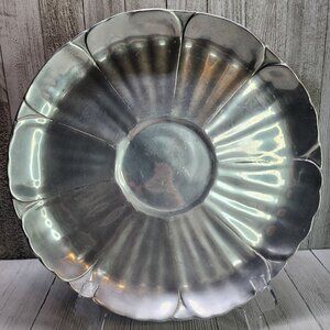 Vintage Pewter Silverplate Serving Bowl Round 12'' Scalloped Edge Flower Style